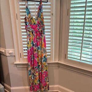 Lilly Pulitzer Pink and Blue Maxi Dress with Tropical Floral Print